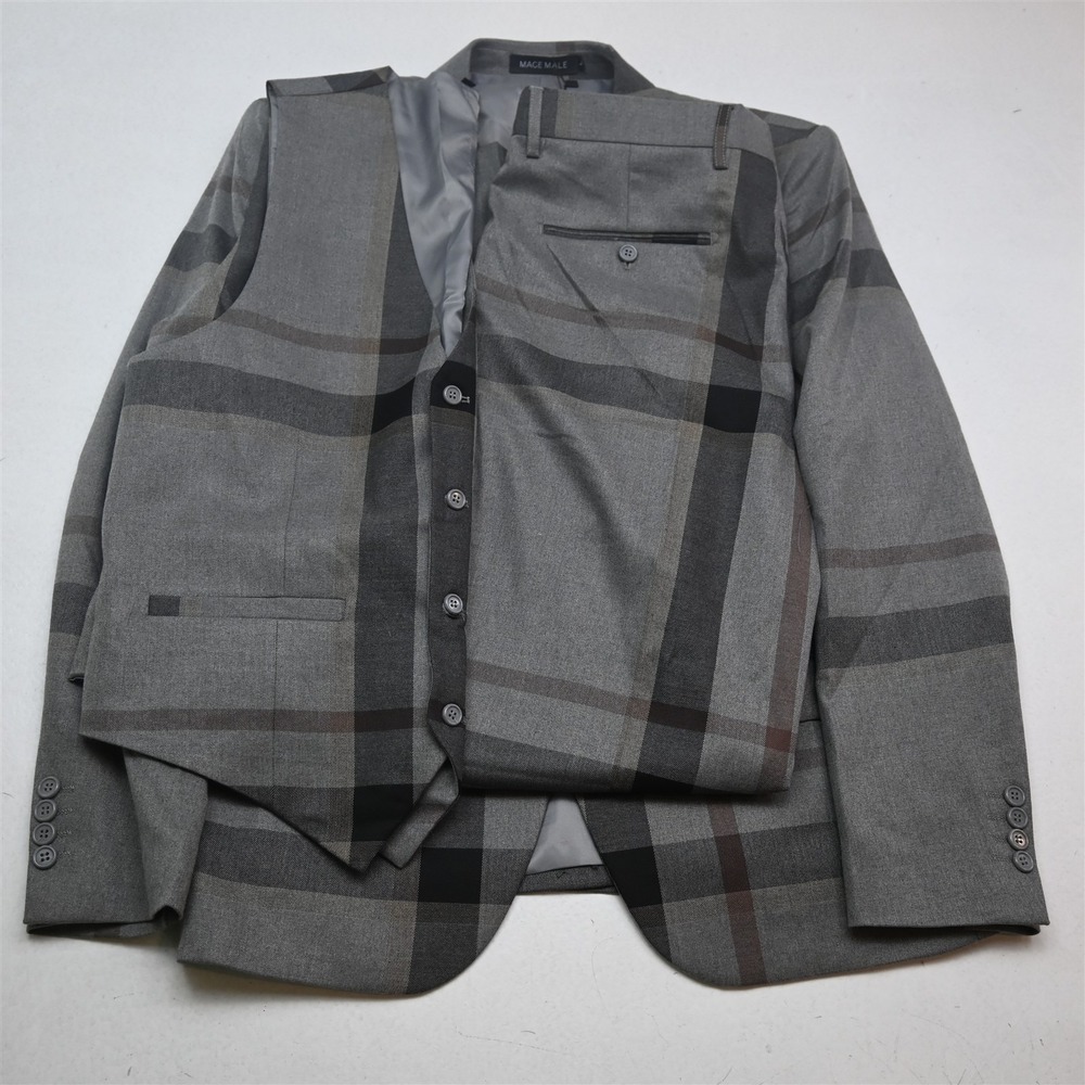 NEW Mage Male 40L 36x32 Gray Windowpane Washable Mens Jacket Pants Suit